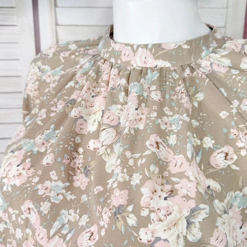 Cottagecore Floral‎ Gathered Mock Neck Pullover Blouse Tan Pink XL Long Sleeve